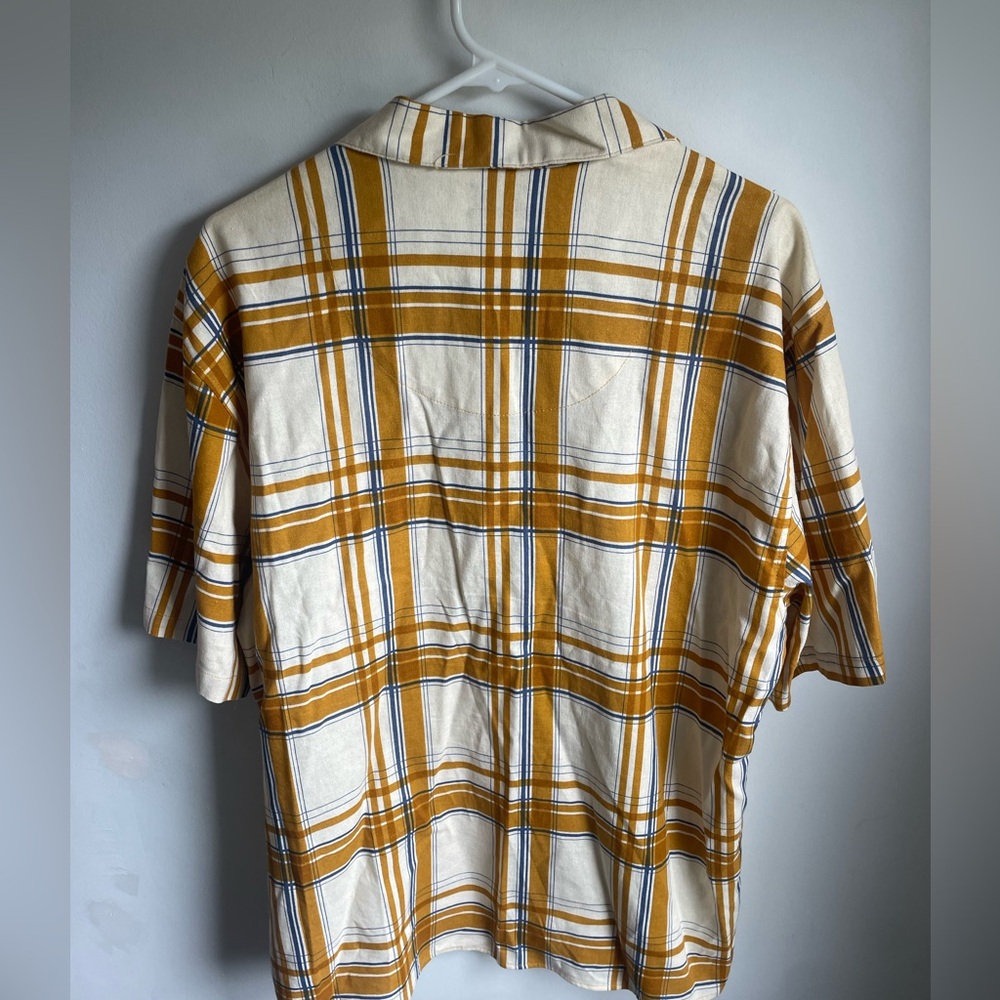 Trust Yellow Plaid Vintage Style Linen Short Sleeve Collared shirt Men’s Large - Picture 2 of 4
